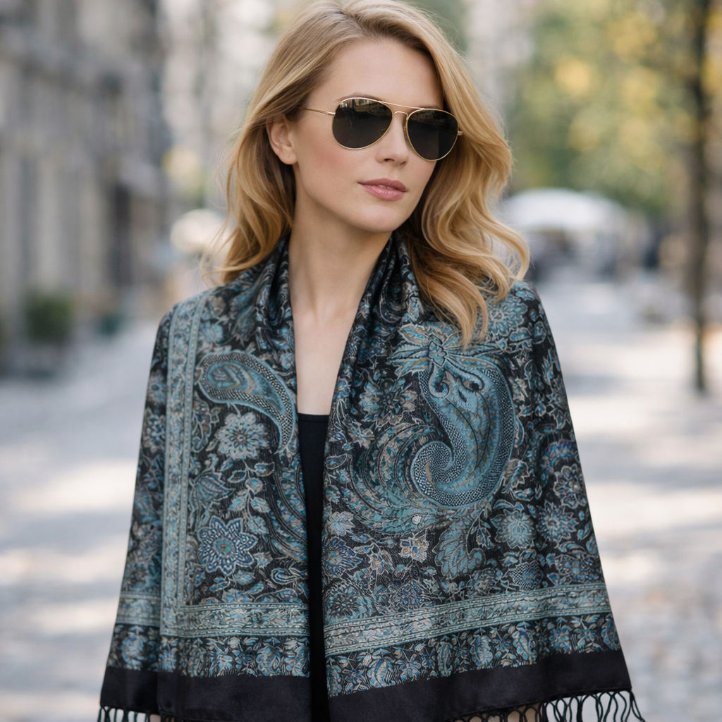 Black Jamavar Viscose Scarf With Blue Accents